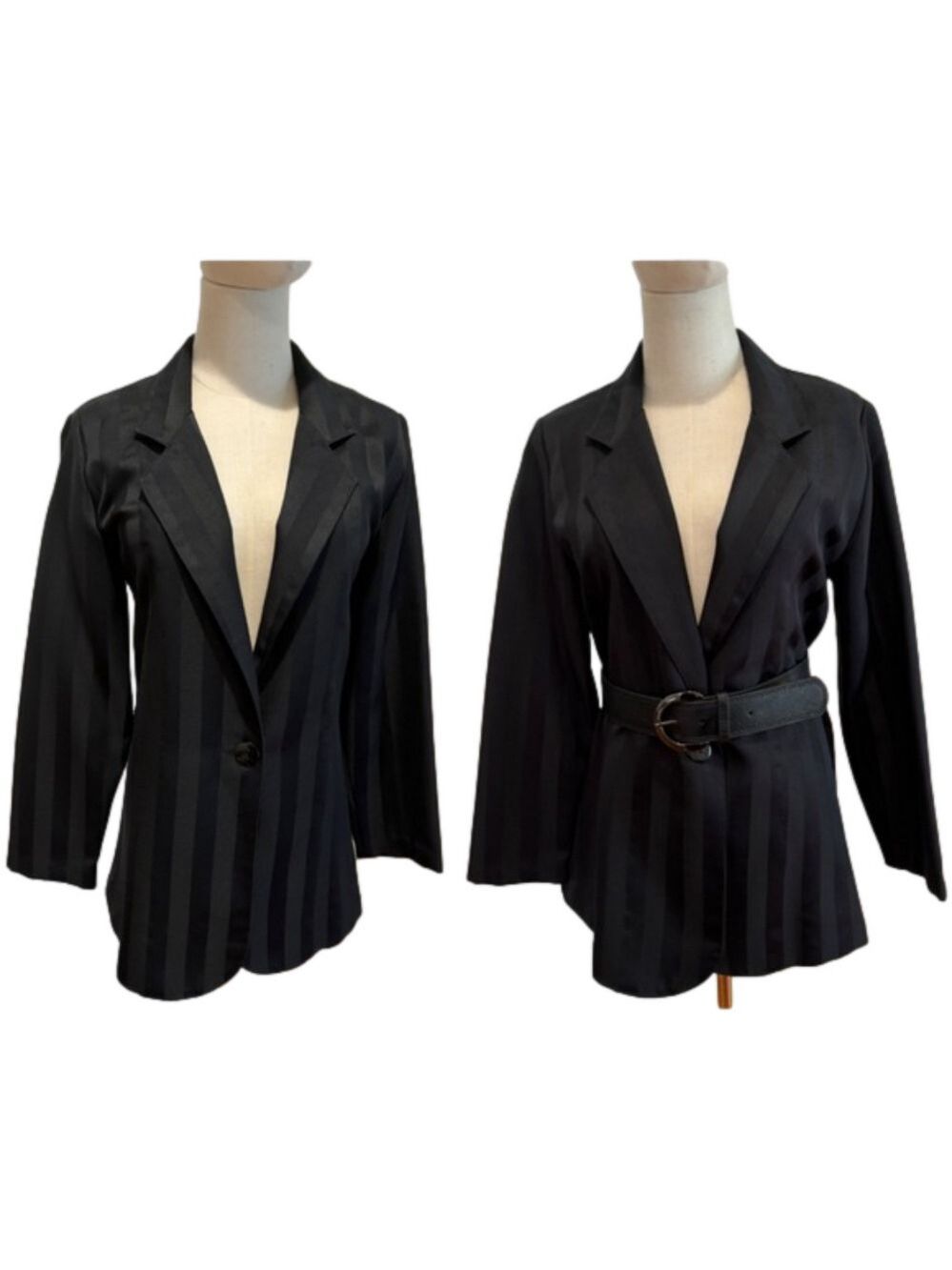 90s BLACK BLAZER MONOTONE SATIN & MATTE STRIPE BOXY MINIMALIST RELAXED VIBE SZ L